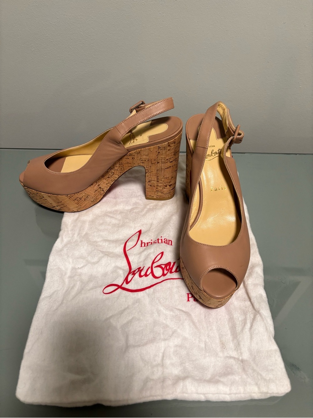 Christian Louboutin Nude Peep-Toe Cork Platform Slingback Pumps